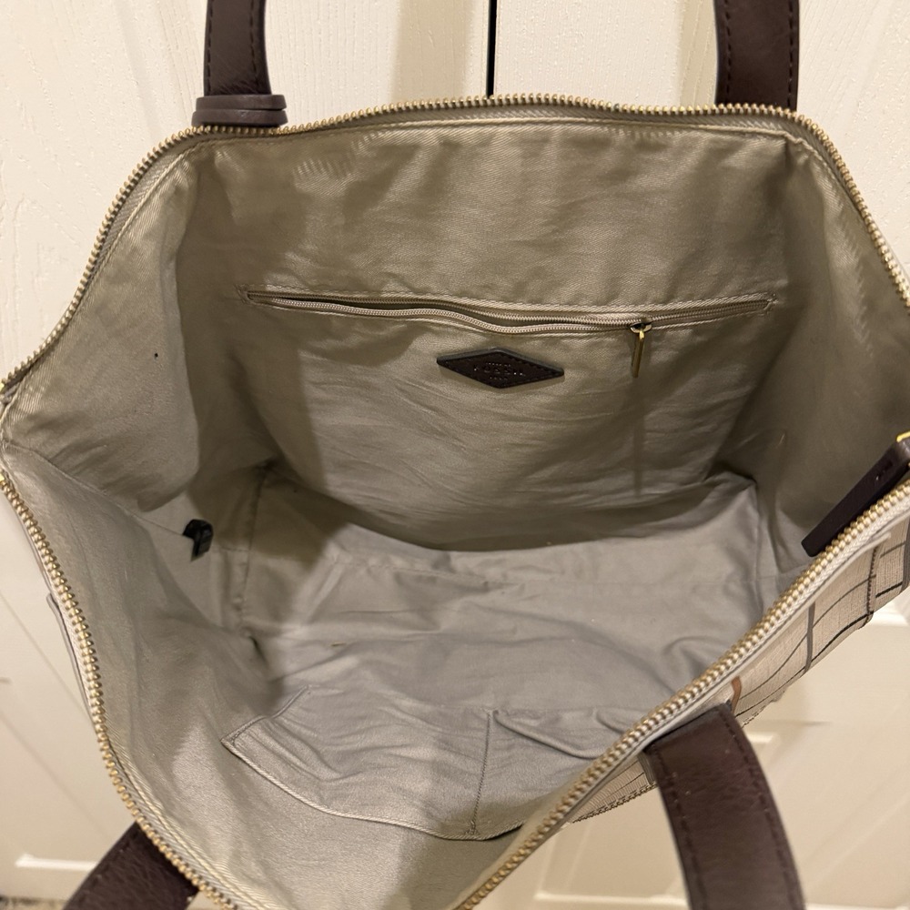 Fossil Sydney Large Tote Bag Gray Black Brown Plaid Windowpane PVC 17x12x4 - Picture 9 of 12